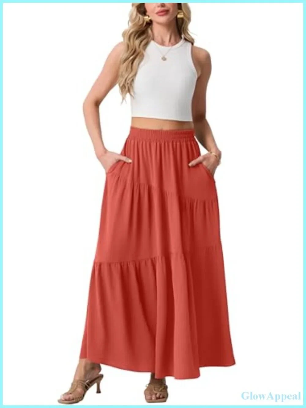 High Waist Tiered Maxi Skirt with Pockets Flowy A-Line Boho Casual Lightweight